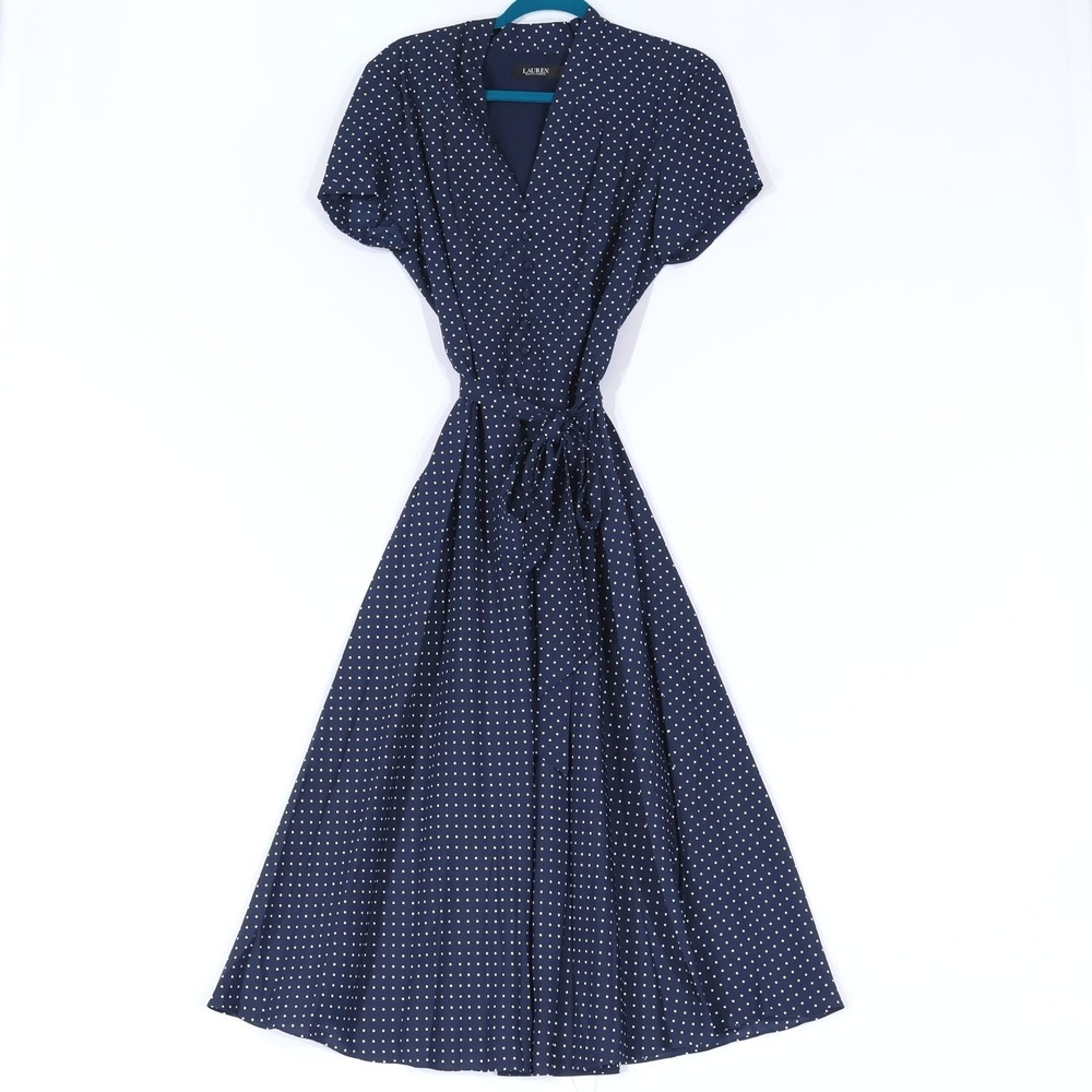 Lauren Ralph Lauren Polka Dot Dress Womens 16 Blue Classic Preppy Midi $195 NWT